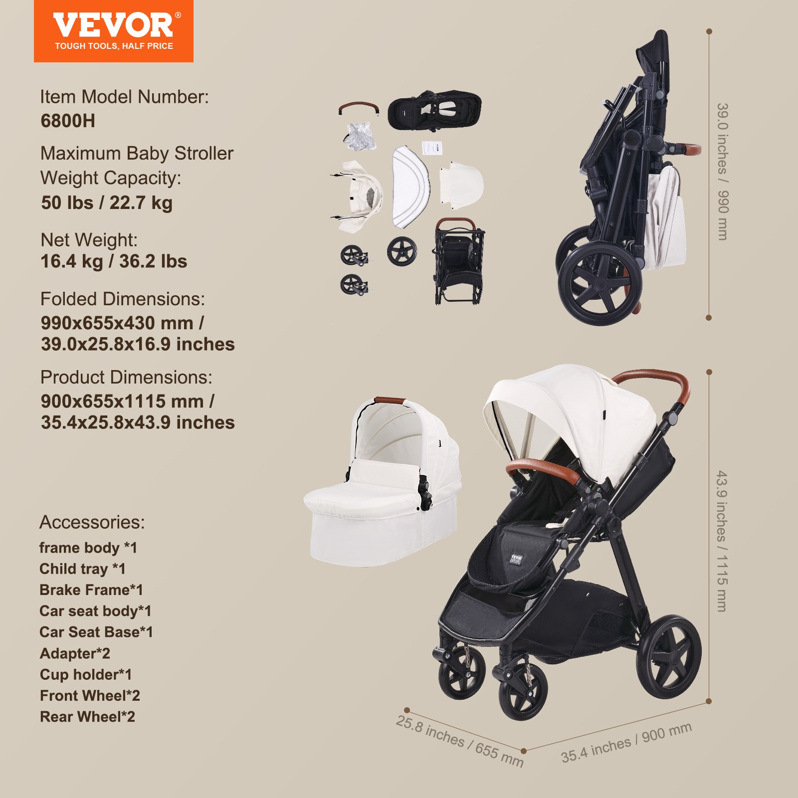 VEVOR Travel System Stroller with Infant Bassinet, 2-in-1 Baby Cradle Stroller Combo, Reversible Seat, Easy One-button Folding, EVA Tires with Brake Aluminum Stroller Carseat Combo Set (White)