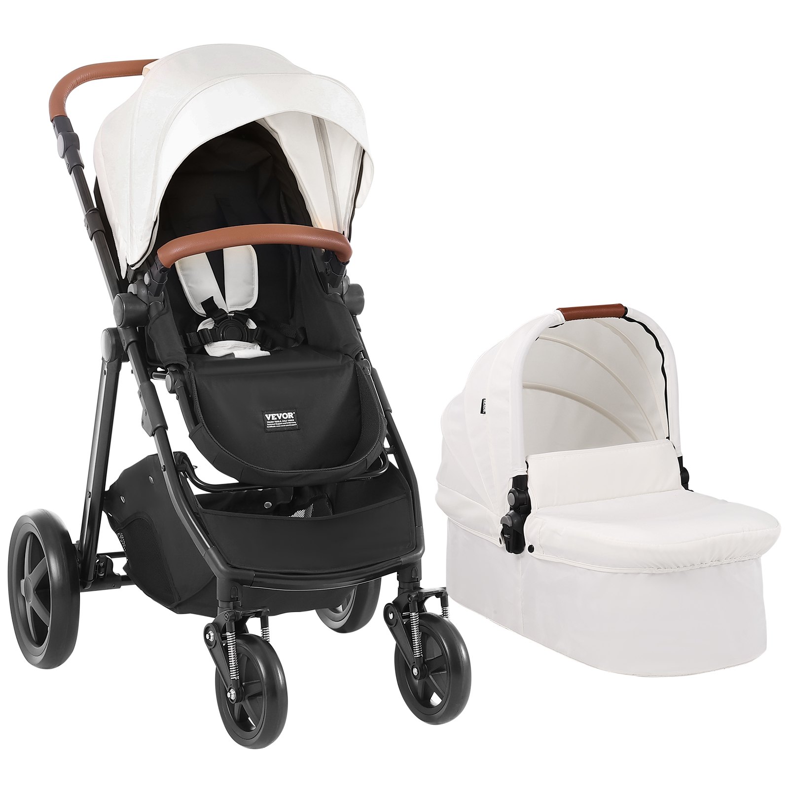 VEVOR Travel System Stroller with Infant Bassinet, 2-in-1 Baby Cradle Stroller Combo, Reversible Seat, Easy One-button Folding, EVA Tires with Brake Aluminum Stroller Carseat Combo Set (White)