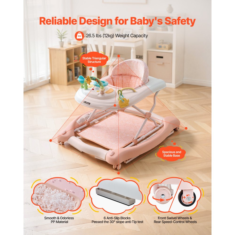 VEVOR 5-in-1 Baby Walker, Folding Baby Activity Center on Wheels, Height Adjustable Rocker Bouncer Walker with Comfortable High-Back Seat, Anti-Rollover Toddler Walking Helper for 6-24 Month Boy Girls