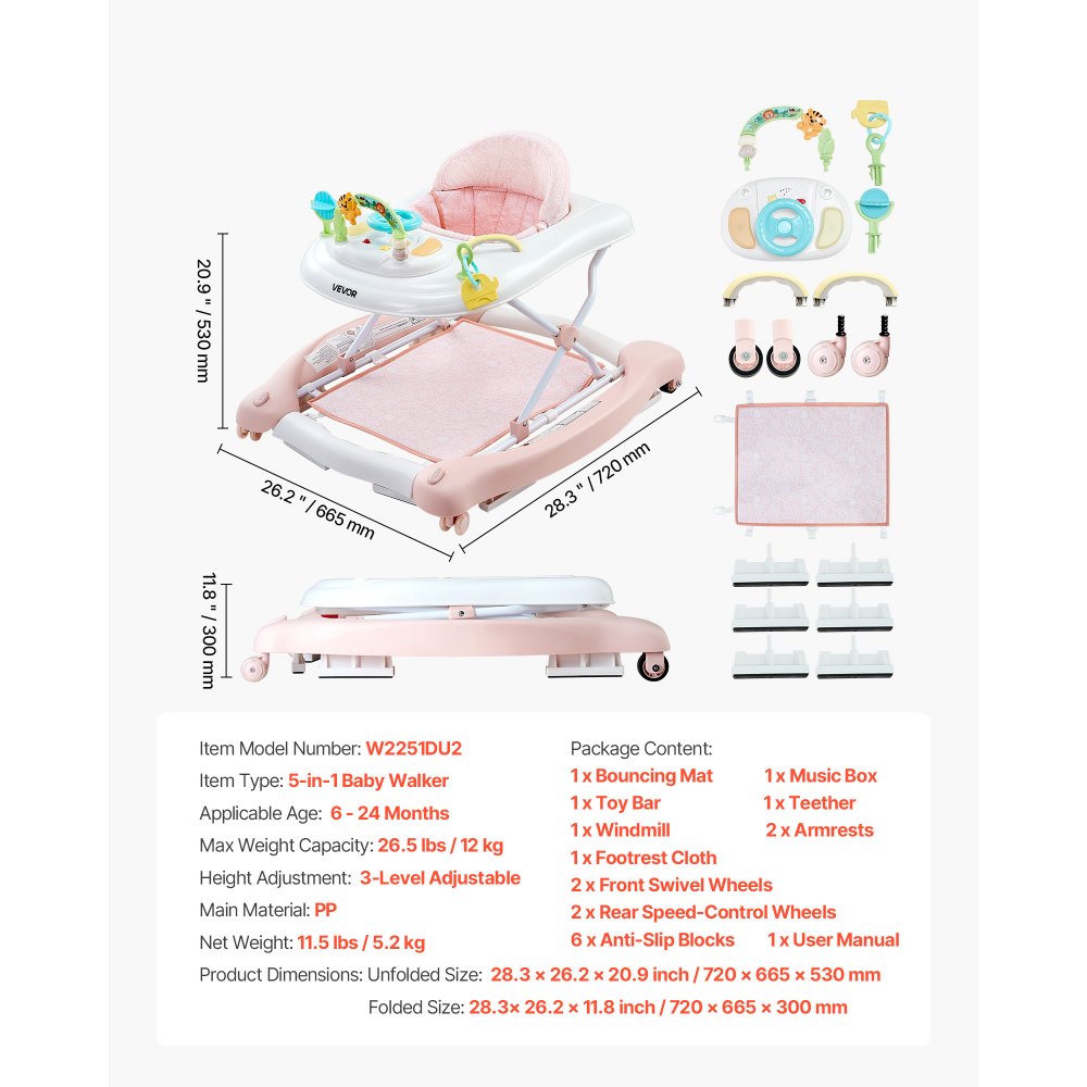 VEVOR 5-in-1 Baby Walker, Folding Baby Activity Center on Wheels, Height Adjustable Rocker Bouncer Walker with Comfortable High-Back Seat, Anti-Rollover Toddler Walking Helper for 6-24 Month Boy Girls