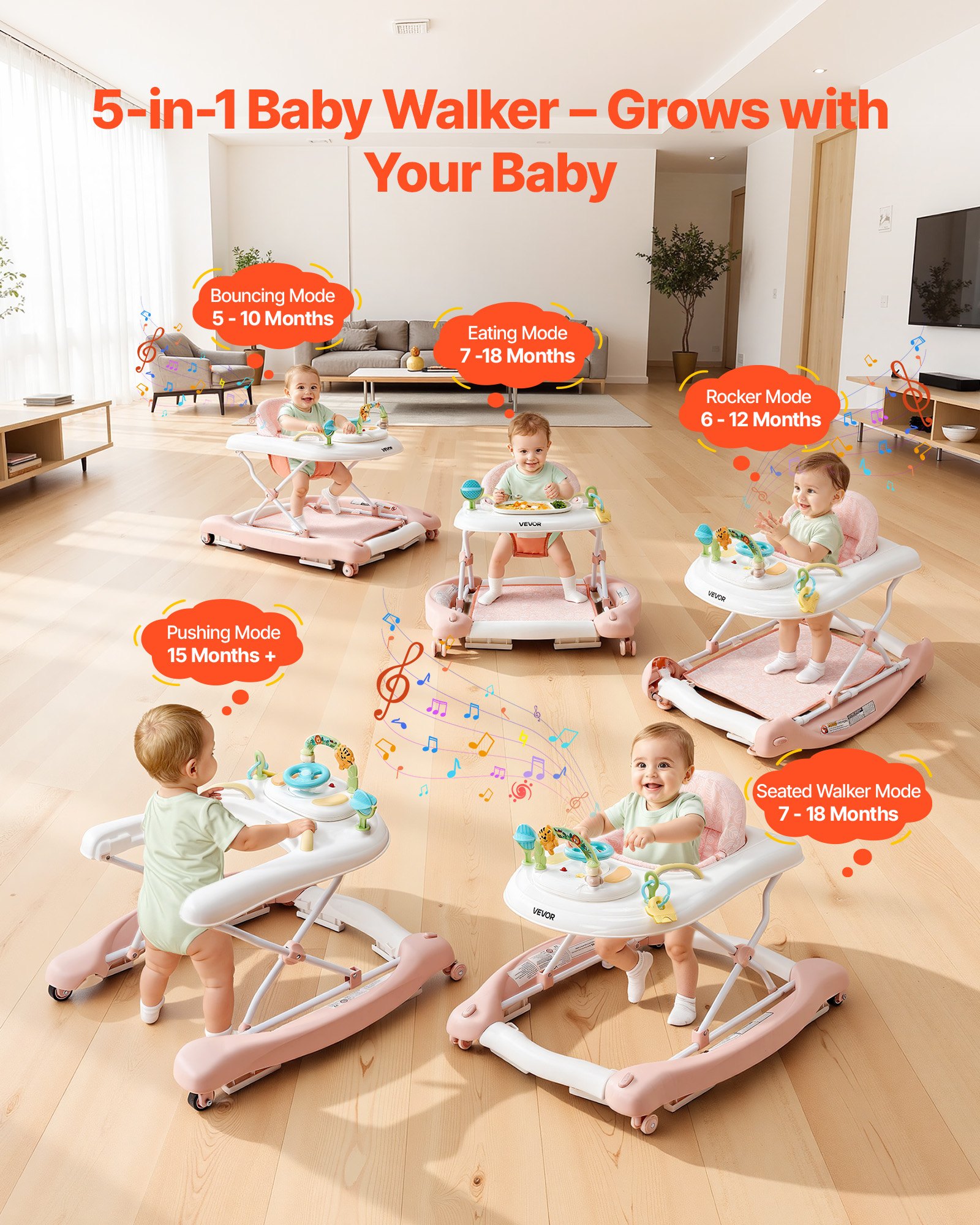 VEVOR 5-in-1 Baby Walker, Folding Baby Activity Center on Wheels, Height Adjustable Rocker Bouncer Walker with Comfortable High-Back Seat, Anti-Rollover Toddler Walking Helper for 6-24 Month Boy Girls
