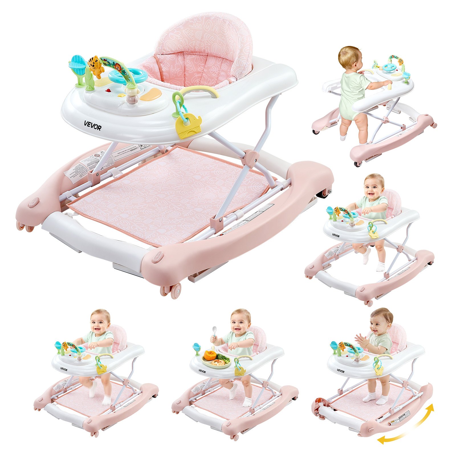 VEVOR 5-in-1 Baby Walker, Folding Baby Activity Center on Wheels, Height Adjustable Rocker Bouncer Walker with Comfortable High-Back Seat, Anti-Rollover Toddler Walking Helper for 6-24 Month Boy Girls
