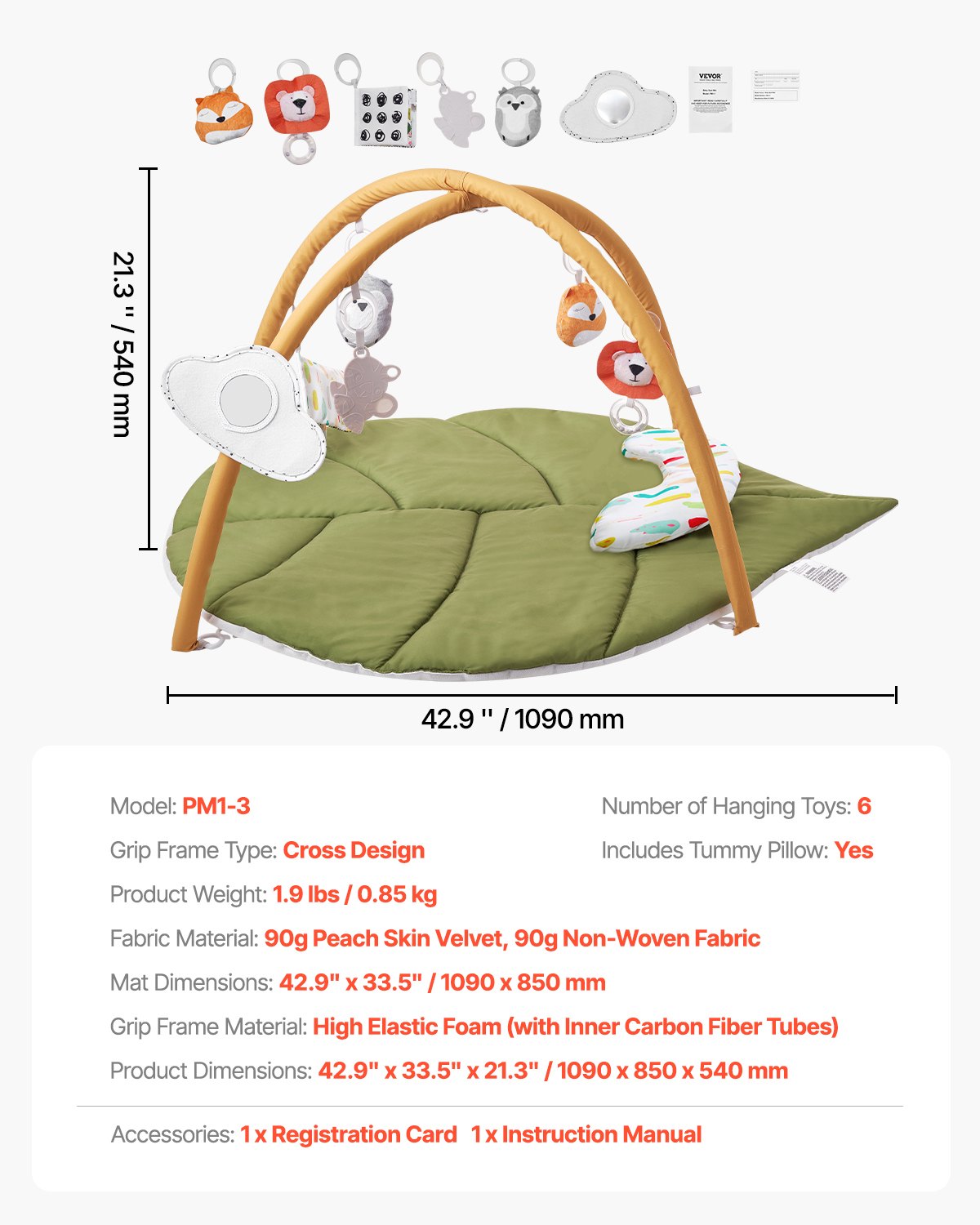 VEVOR Baby Play Gym Mat, Baby Activity Mat with 6 Sensory Toys, Oversize Leaf-Shaped Tummy Time Mat for 0-18 Months Newborn Infant, Baby Essential Gift for Motor Skills & Early Cognitive Development