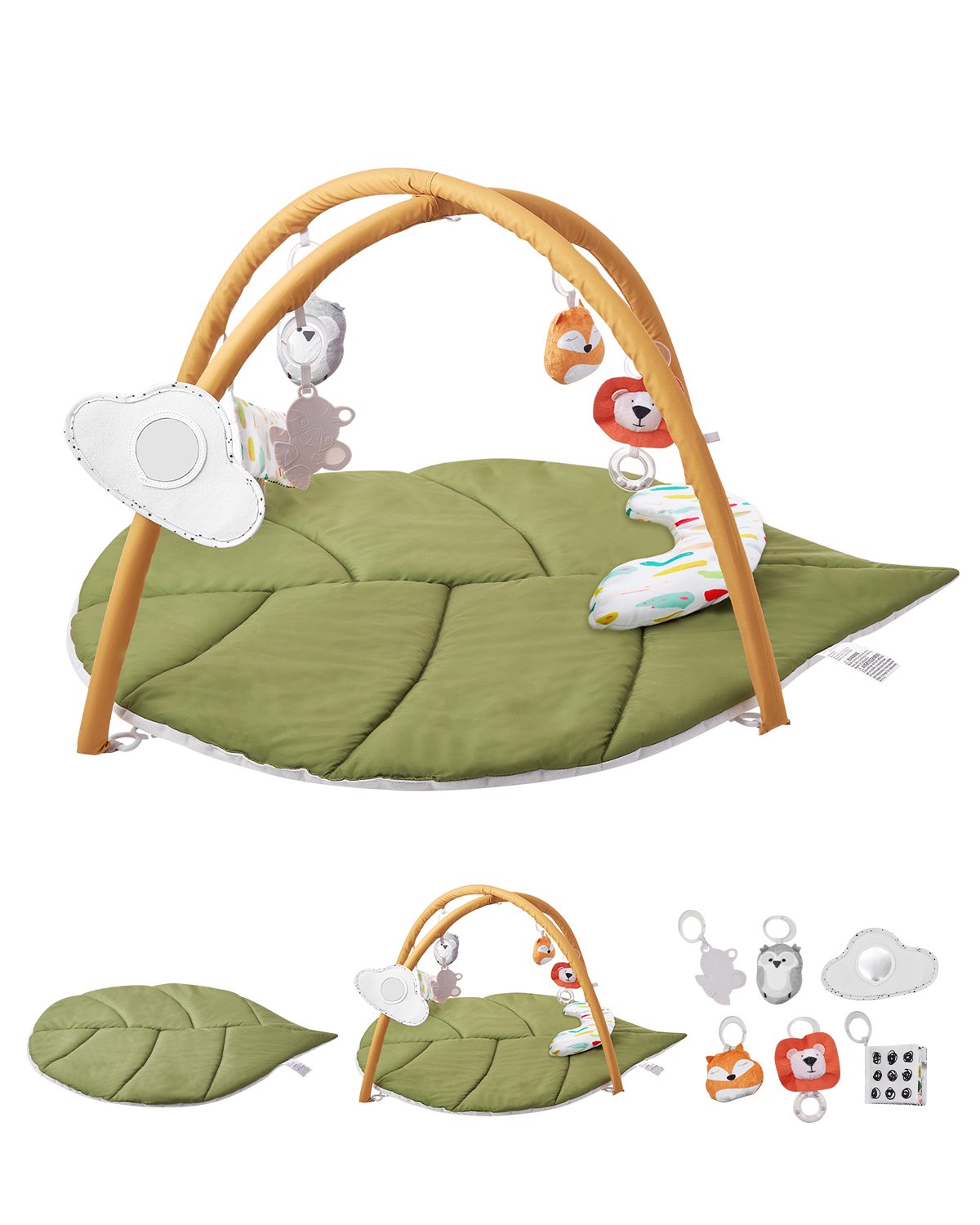 VEVOR Baby Play Gym Mat, Baby Activity Mat with 6 Sensory Toys, Oversize Leaf-Shaped Tummy Time Mat for 0-18 Months Newborn Infant, Baby Essential Gift for Motor Skills & Early Cognitive Development