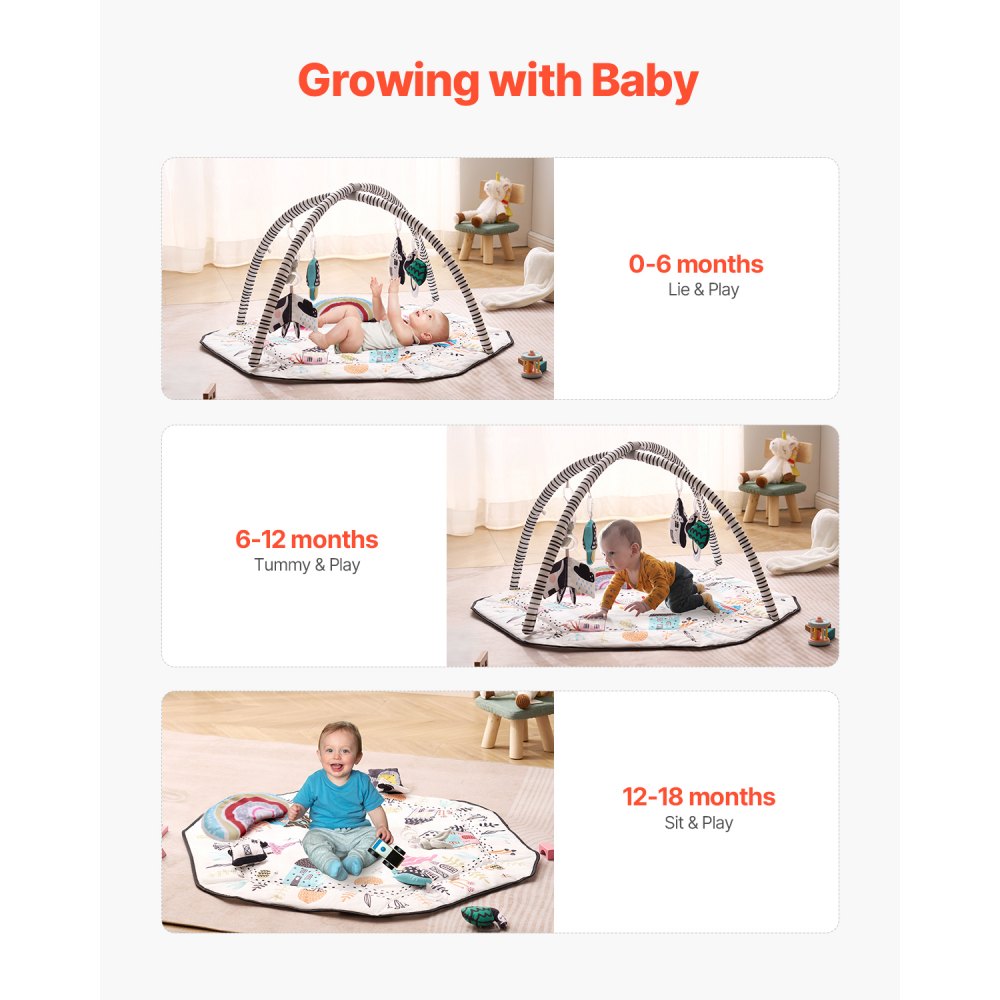 VEVOR Baby Play Gym Mat, Tummy Time Mat with 6 Detachable Sensory Toys, 41.7" x 41.7" Large-Sized Baby Newborn Activity Mat with Fold-up Sides & Soft Fabric for Sensory and Motor Skill Development
