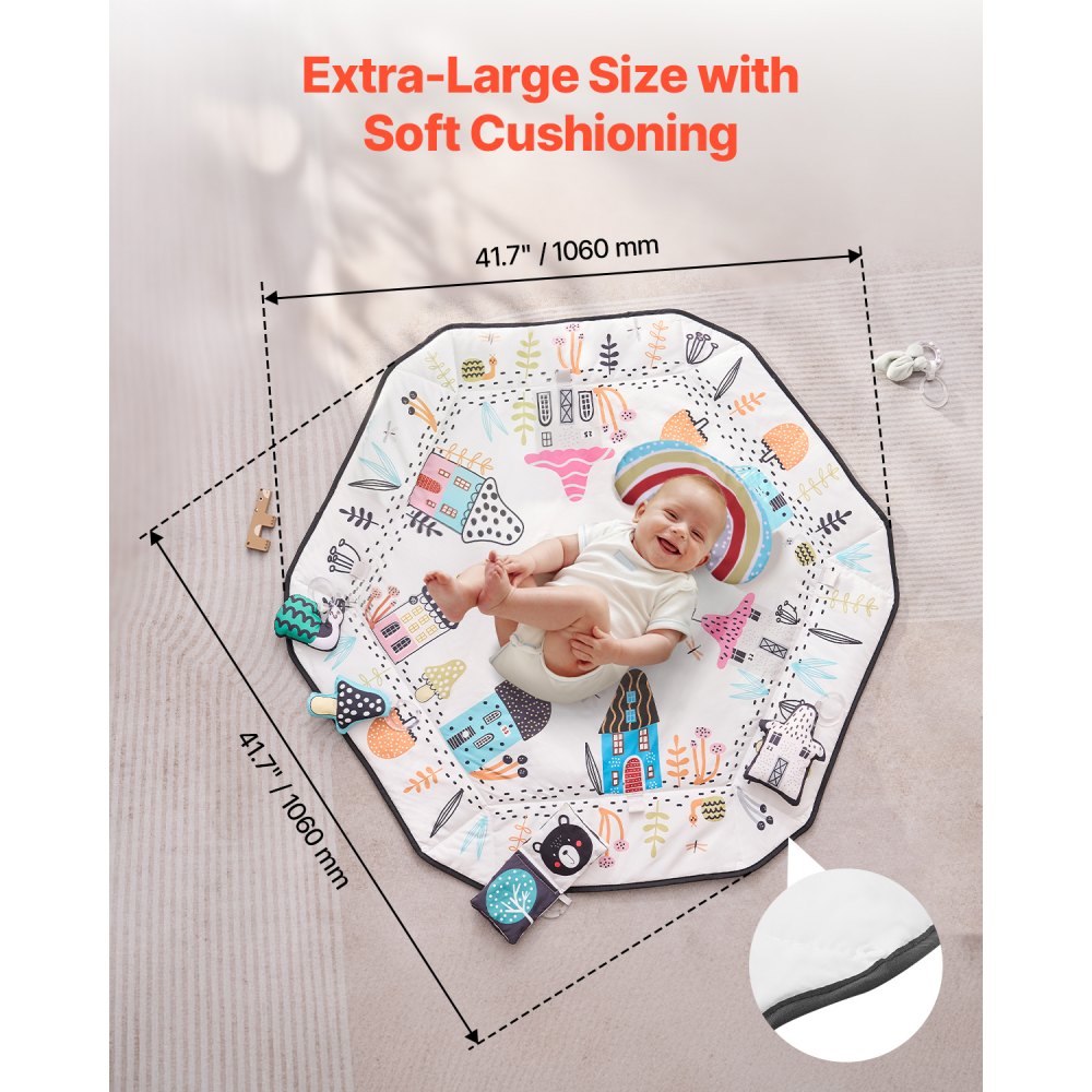 VEVOR Baby Play Gym Mat, Tummy Time Mat with 6 Detachable Sensory Toys, 41.7" x 41.7" Large-Sized Baby Newborn Activity Mat with Fold-up Sides & Soft Fabric for Sensory and Motor Skill Development
