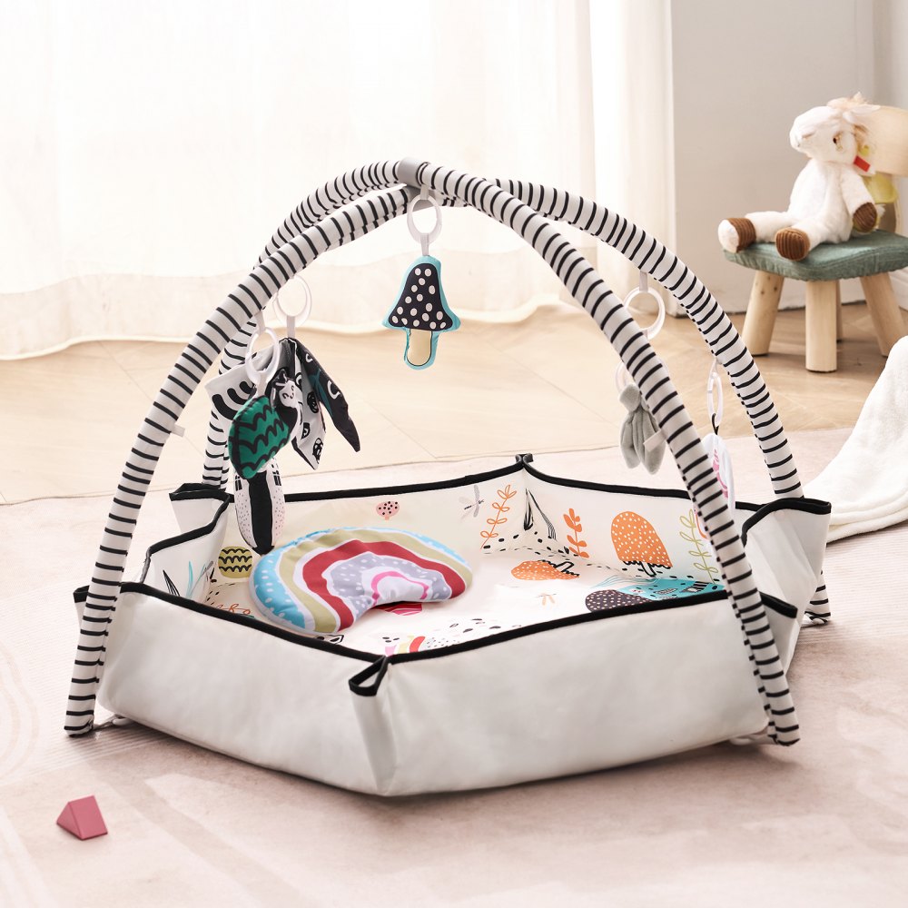 VEVOR Baby Play Gym Mat, Tummy Time Mat with 6 Detachable Sensory Toys, 41.7" x 41.7" Large-Sized Baby Newborn Activity Mat with Fold-up Sides & Soft Fabric for Sensory and Motor Skill Development