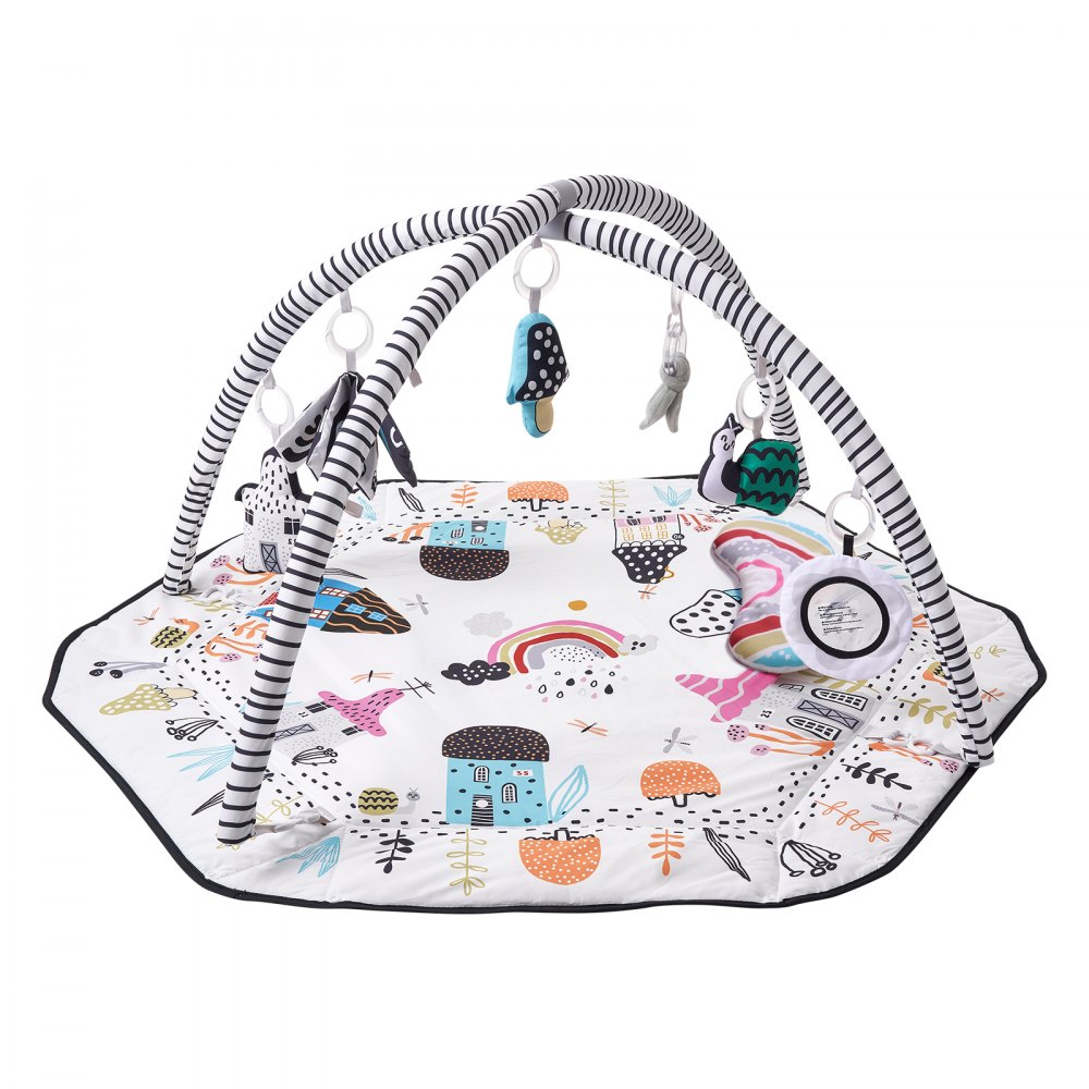 VEVOR Baby Play Gym Mat, Tummy Time Mat with 6 Detachable Sensory Toys, 41.7" x 41.7" Large-Sized Baby Newborn Activity Mat with Fold-up Sides & Soft Fabric for Sensory and Motor Skill Development
