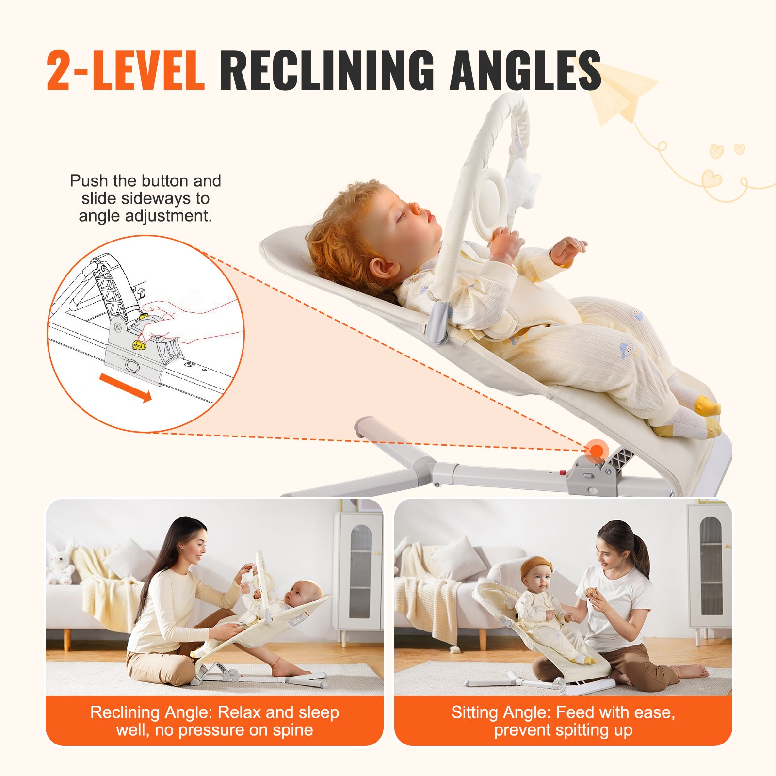 VEVOR Baby Bouncer, Folding Bouncer Seat for Babies 0-9 Months, Newborn Bouncer Chair with 2 Reclining Angles & Rotatable Toy Bar, Portable Infant Rocker with Carrying Bag for Indoors Outdoors, Beige