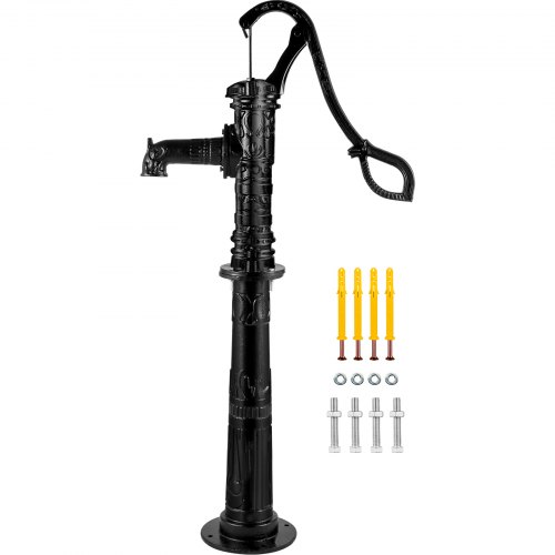VEVOR Hand Water Pump w/ Stand 15.7 x 9.4 x 53.1 inch Pitcher Pump & 26 inch Pump Stand w/ Pre-set 1/2" Holes for Easy Installation Rustic Cast Iron Well Pump for Yard Garden Farm Irrigation Black