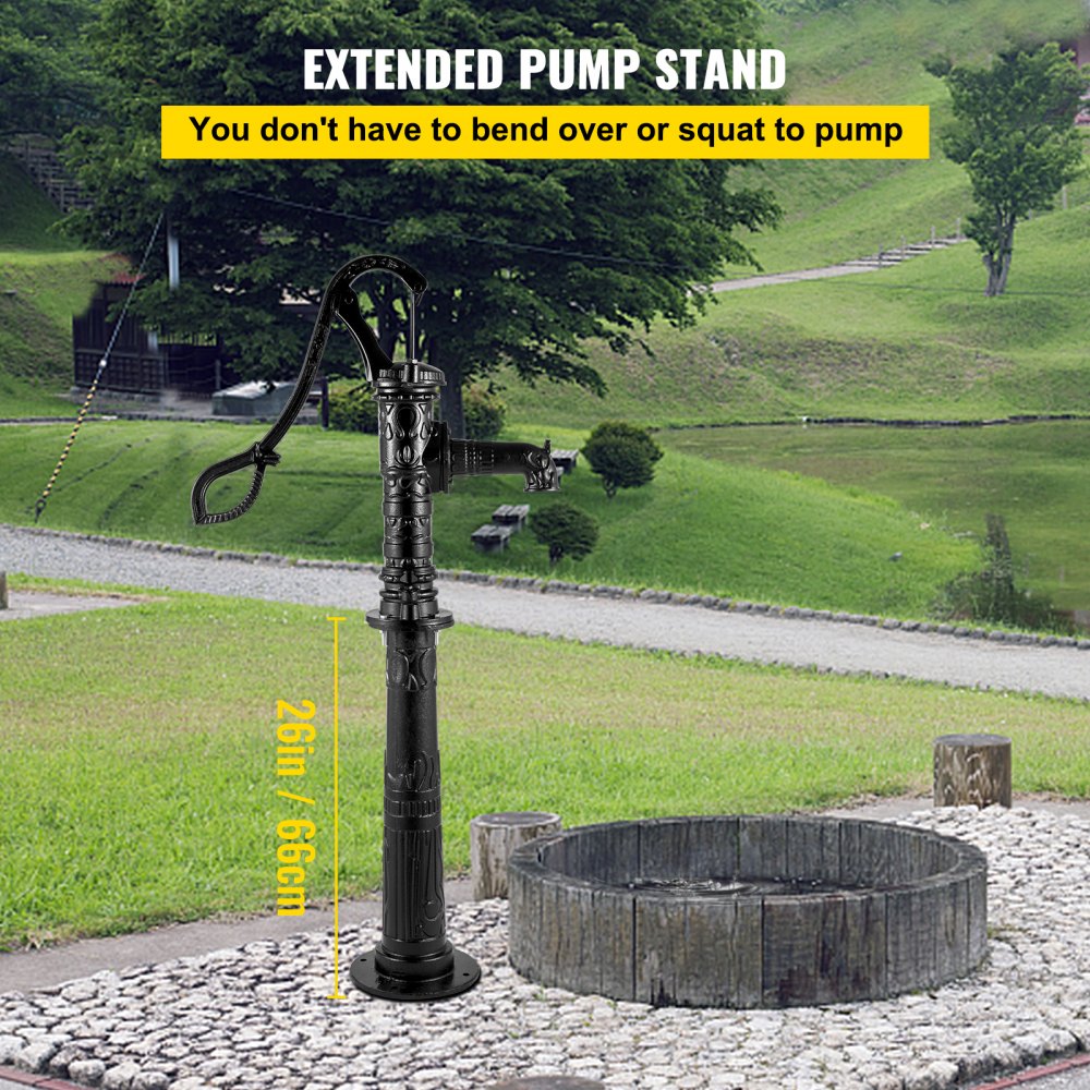 VEVOR Hand Water Pump with Stand, 40 x 23.9 x 135 cm(15.7 x 9.4 x 53.1 inch) Pitcher Pump & 66 cm(26 inch) Pump Stand with Pre-set 12.7 mm(1/2") Holes for Easy Installation, Rustic Cast Iron Well Pump for Yard, Garden, Farm Irrigation,Black