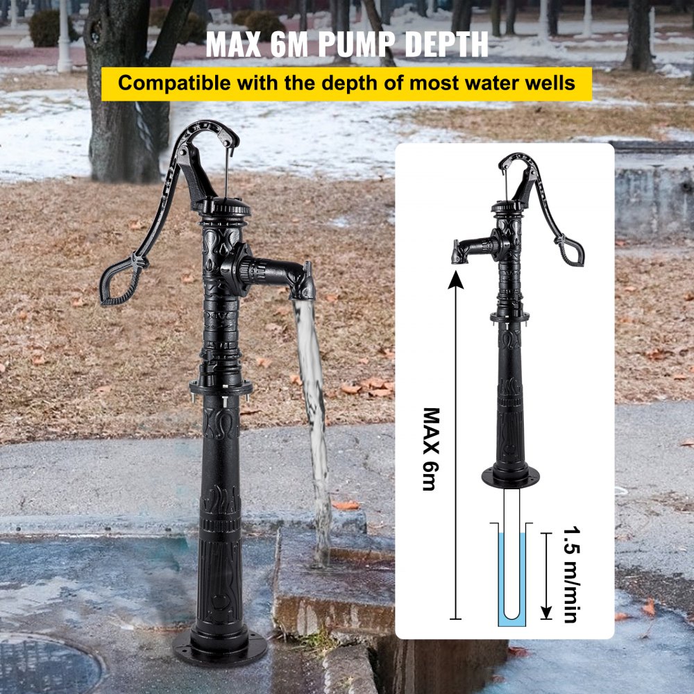 VEVOR Hand Water Pump with Stand, 40 x 23.9 x 135 cm(15.7 x 9.4 x 53.1 inch) Pitcher Pump & 66 cm(26 inch) Pump Stand with Pre-set 12.7 mm(1/2") Holes for Easy Installation, Rustic Cast Iron Well Pump for Yard, Garden, Farm Irrigation,Black