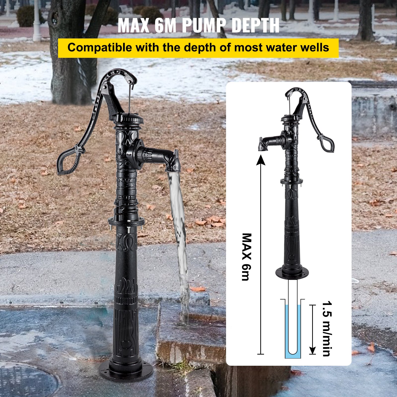 VEVOR Hand Water Pump with Stand, 40 x 23.9 x 135 cm(15.7 x 9.4 x 53.1 inch) Pitcher Pump & 66 cm(26 inch) Pump Stand with Pre-set 12.7 mm(1/2") Holes for Easy Installation, Rustic Cast Iron Well Pump for Yard, Garden, Farm Irrigation,Black