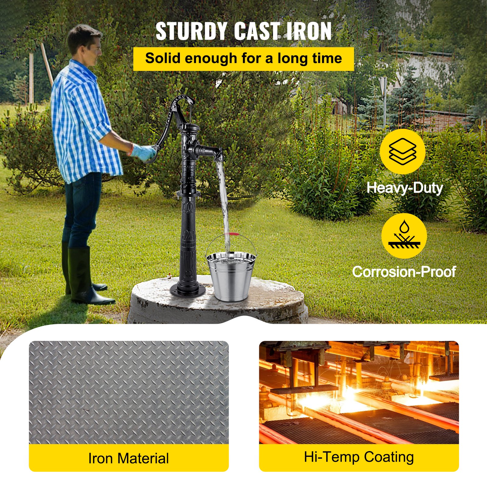 VEVOR Hand Water Pump with Stand, 40 x 23.9 x 135 cm(15.7 x 9.4 x 53.1 inch) Pitcher Pump & 66 cm(26 inch) Pump Stand with Pre-set 12.7 mm(1/2") Holes for Easy Installation, Rustic Cast Iron Well Pump for Yard, Garden, Farm Irrigation,Black