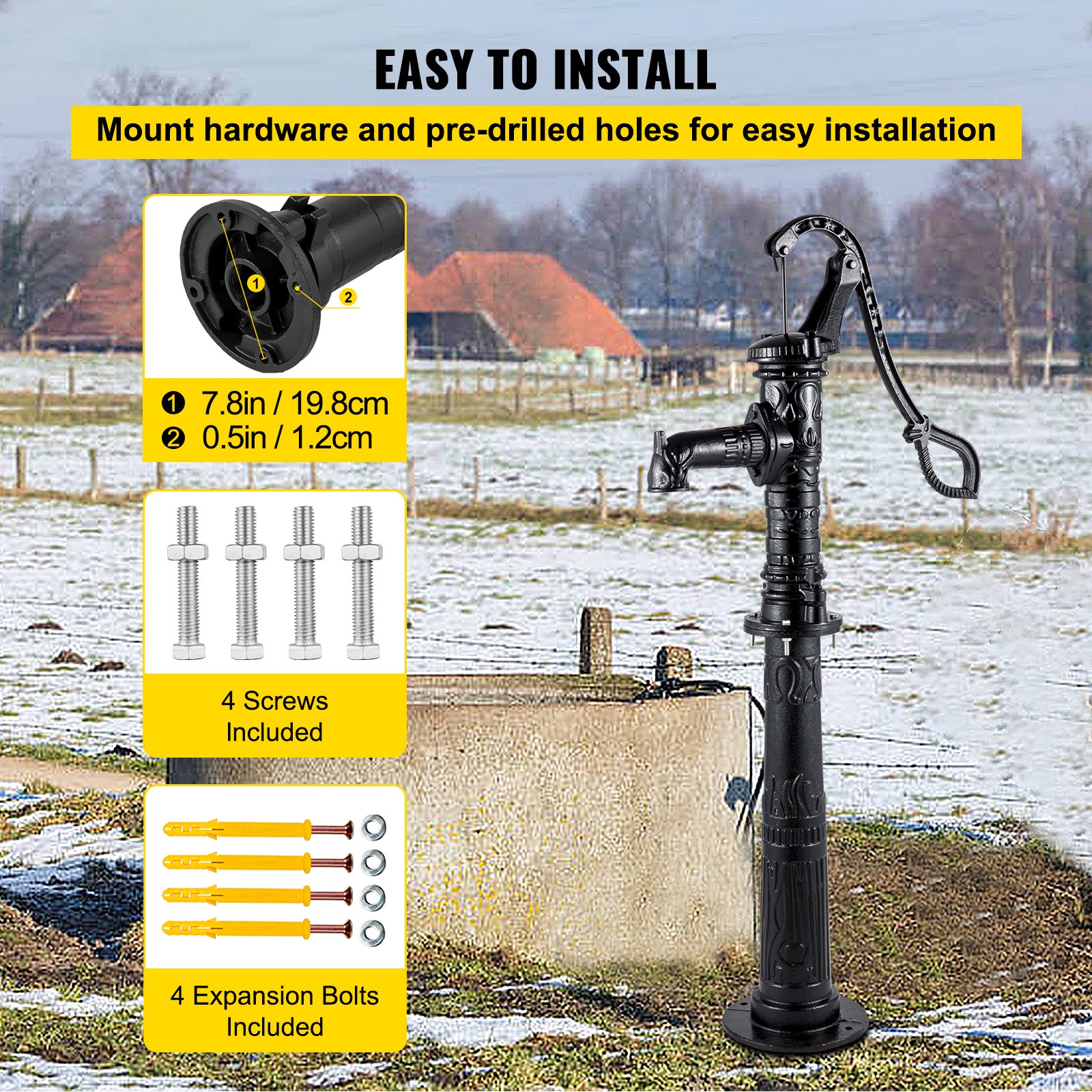 VEVOR Hand Water Pump with Stand, 40 x 23.9 x 135 cm(15.7 x 9.4 x 53.1 inch) Pitcher Pump & 66 cm(26 inch) Pump Stand with Pre-set 12.7 mm(1/2") Holes for Easy Installation, Rustic Cast Iron Well Pump for Yard, Garden, Farm Irrigation,Black