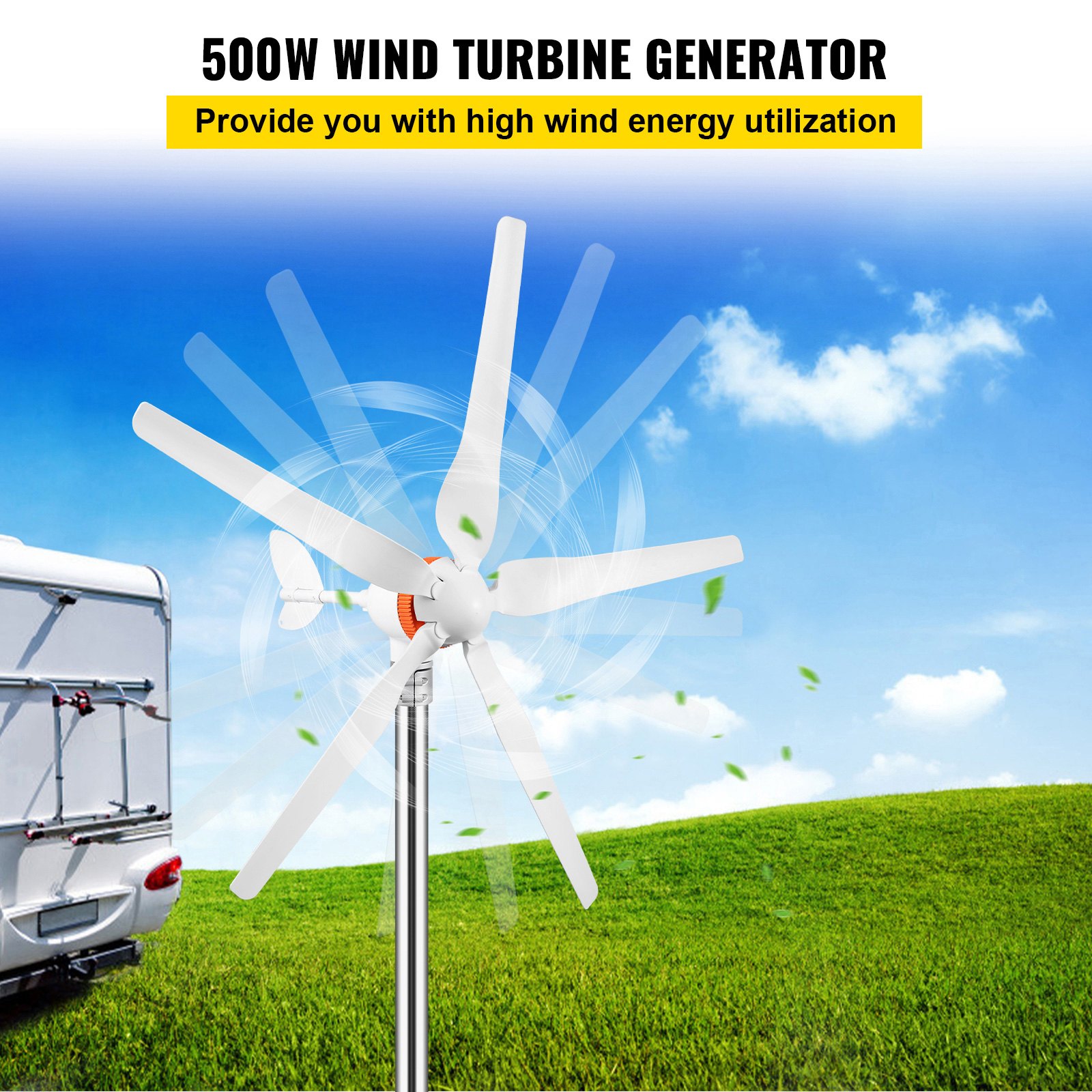 VEVOR wind turbine generator in a green field with blue sky and clouds in the background.