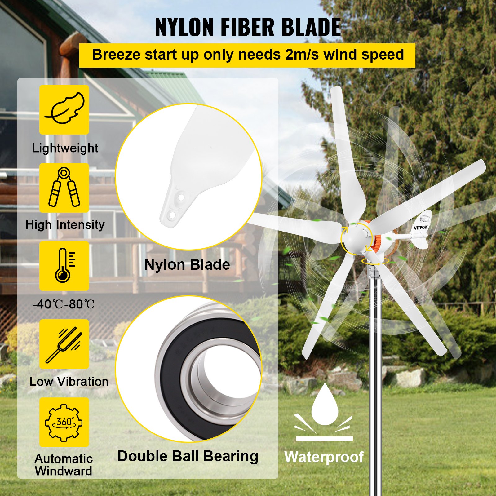 VEVOR wind turbine generator with nylon fiber blade, lightweight, waterproof.