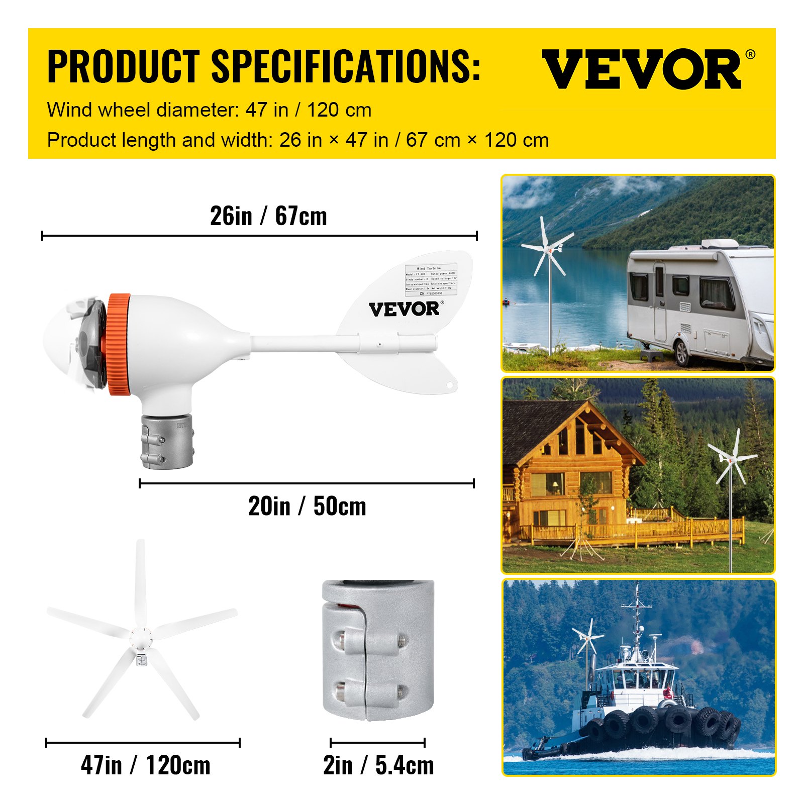 VEVOR wind turbine generator product specs and dimensions with various installation examples.