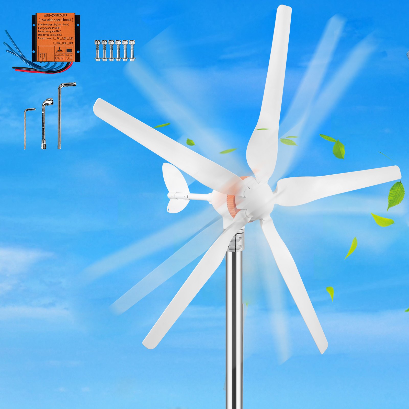 white VEVOR wind turbine generator on a pole against a clear blue sky with green leaves.