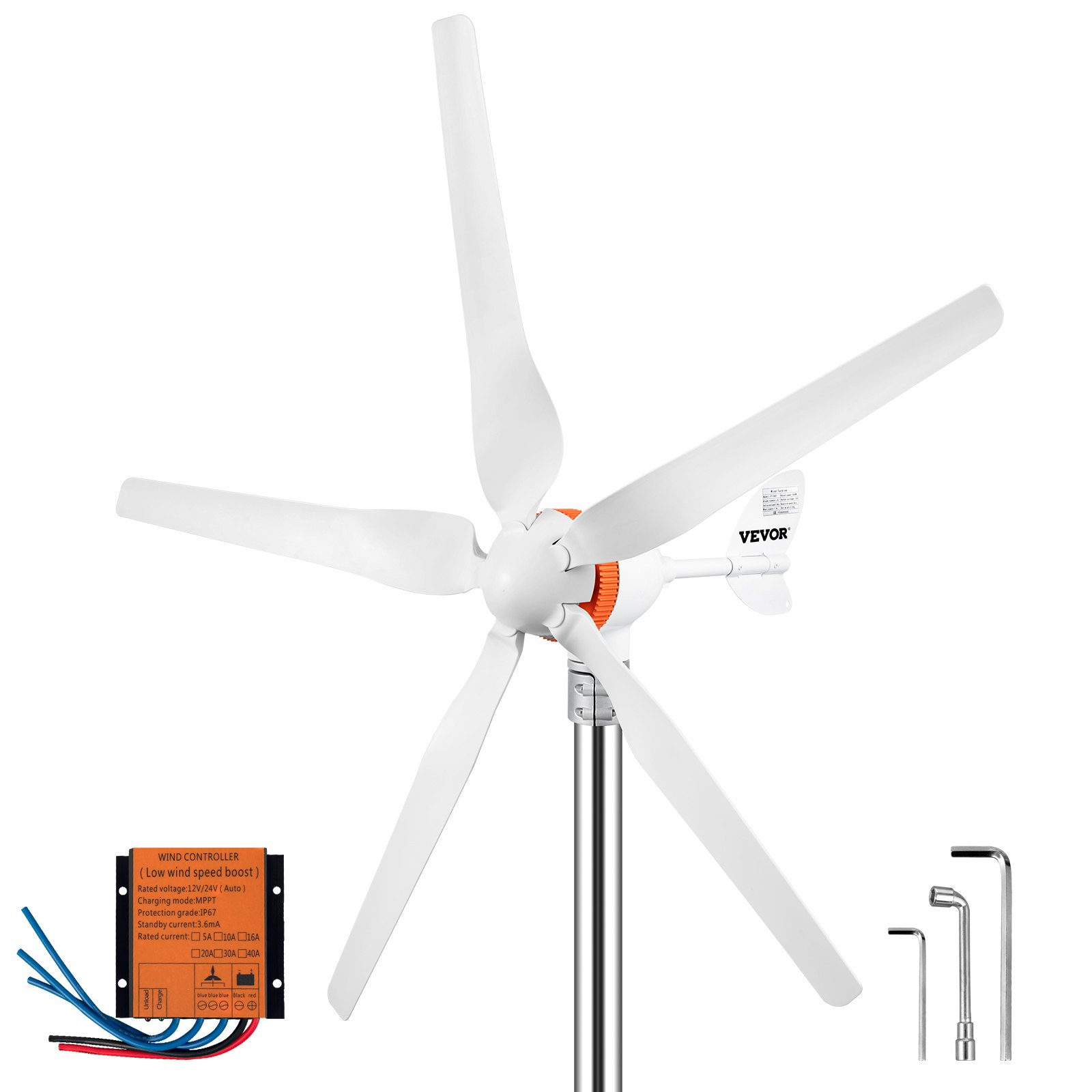 VEVOR wind turbine generator with 5 blades, controller, and mounting tools.