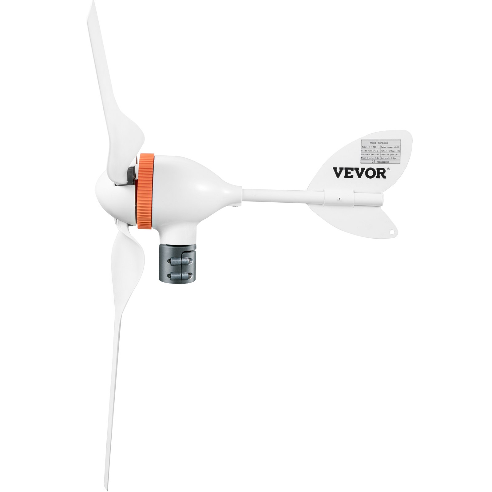 VEVOR wind turbine generator with white blades and orange accent.