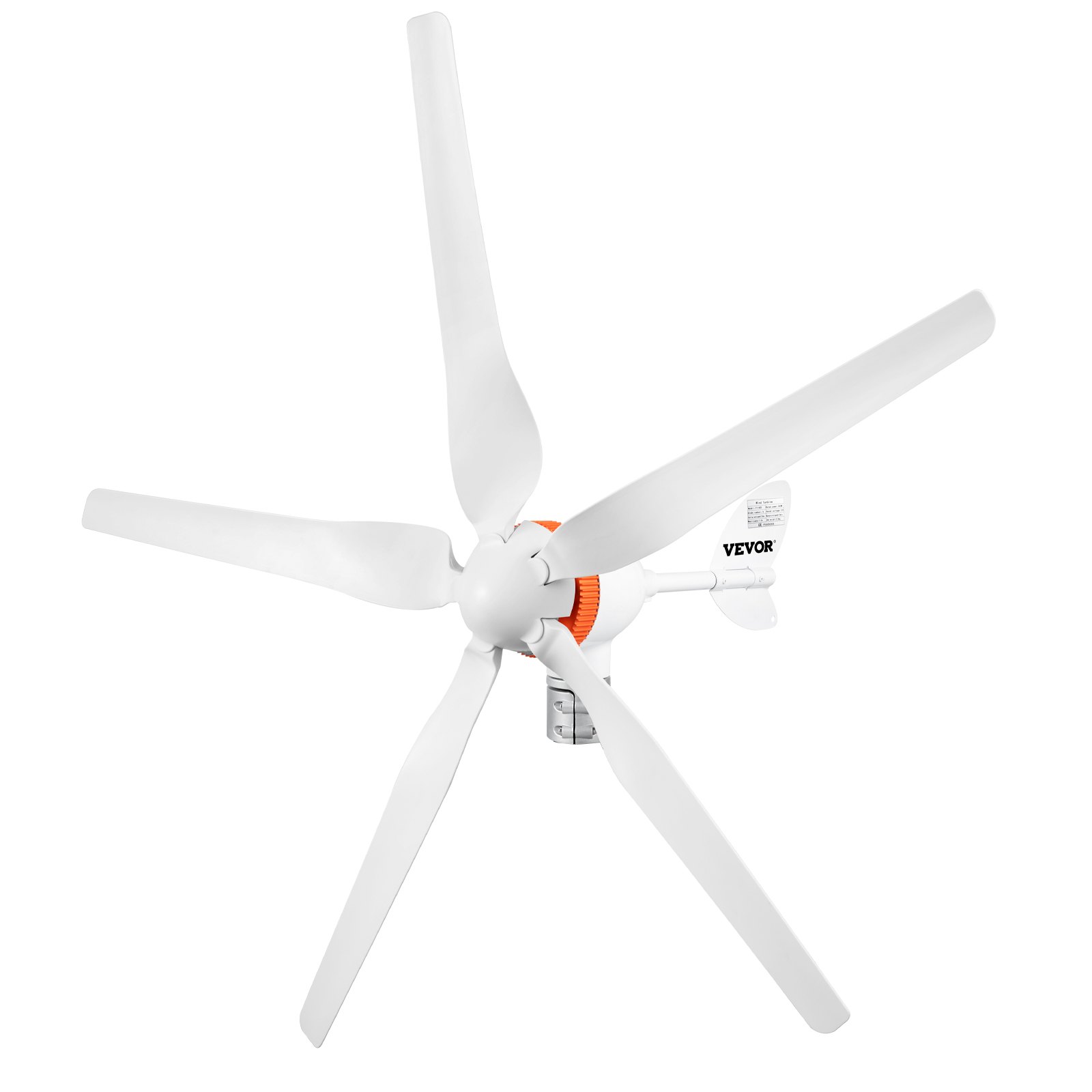 VEVOR wind turbine generator with 5 white blades and orange hub.