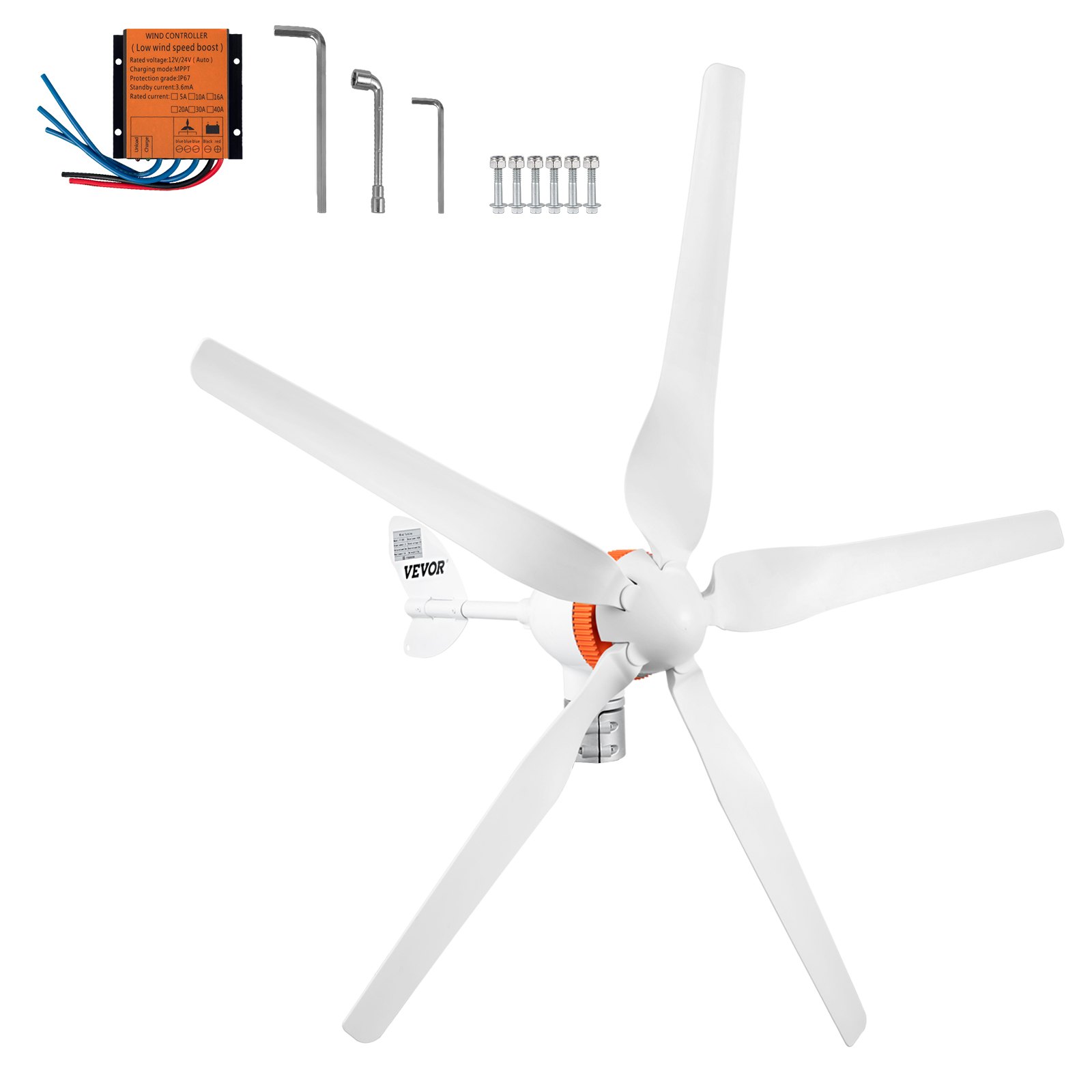 VEVOR wind turbine generator with accessories and five white blades.