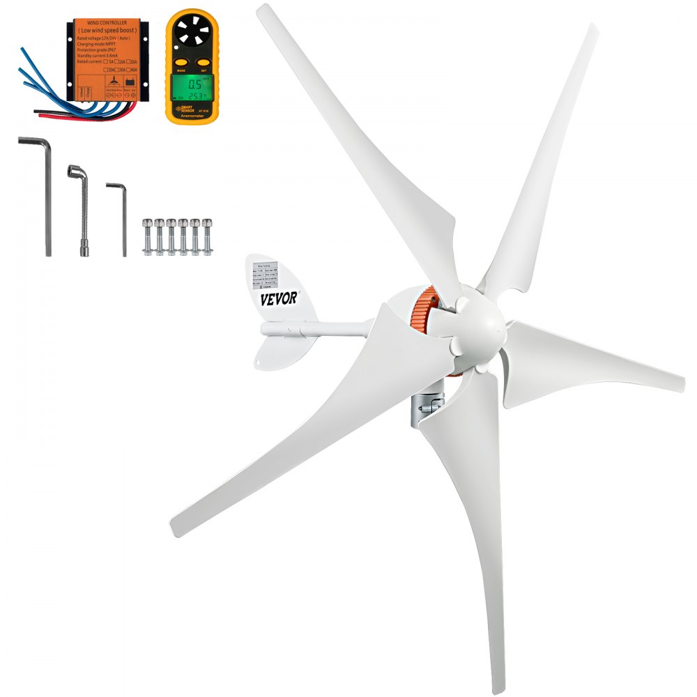 VEVOR vindturbingenerator, 12V/AC vindturbinsats, 400W vindkraftsgenerator med MPPT-kontroller 5 blad Automatisk justering uppåtriktad Lämplig för terrass, marin, husbil, stuga, båt