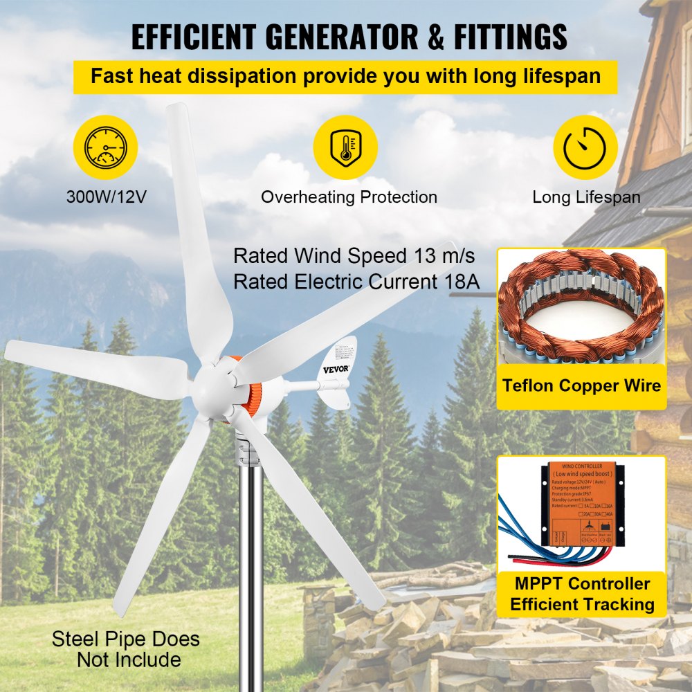 Generátor větrné turbíny VEVOR, sada větrné turbíny 12V/AC, větrný generátor 300W s MPPT ovladačem 5 lopatek s automatickým nastavením směru větru Vhodné pro terasy, námořní lodě, obytné vozy, chaty, čluny
