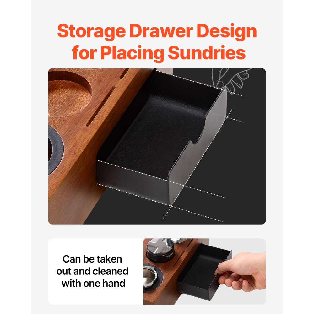 VEVOR Espresso Tamping Station, Sapele Wood, 8-in-1 Multifunctional Tamping Station with Detachable Slot, Easy to Clean Espresso Knock Box with Non-Slip Base, Fits for 51-58 mm Handles