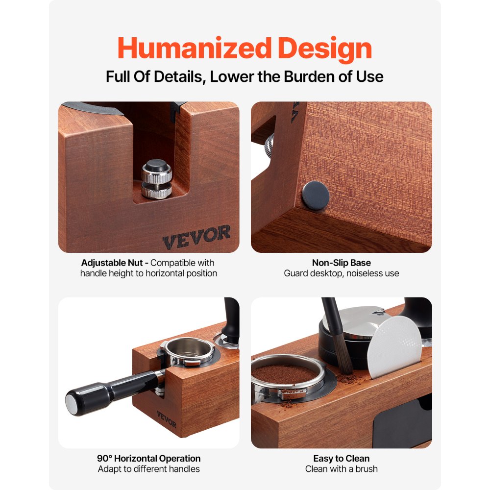 VEVOR Espresso Tamping Station, Sapele Wood, 8-in-1 Multifunctional Tamping Station with Detachable Slot, Easy to Clean Espresso Knock Box with Non-Slip Base, Fits for 51-58 mm Handles