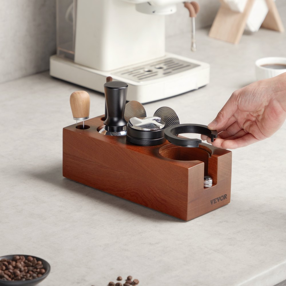 VEVOR Espresso Tamping Station, Sapele Wood, 8-in-1 Multifunctional Tamping Station with Detachable Slot, Easy to Clean Espresso Knock Box with Non-Slip Base, Fits for 51-58 mm Handles