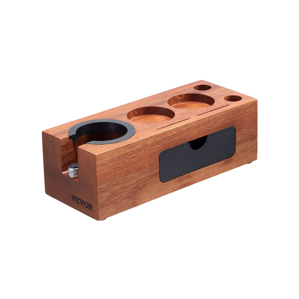 VEVOR Espresso Tamping Station, Sapele Wood, 8-in-1 Multifunctional Tamping Station with Detachable Slot, Easy to Clean Espresso Knock Box with Non-Slip Base, Fits for 51-58 mm Handles