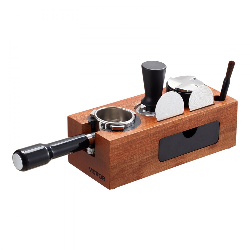 VEVOR Espresso Tamping Station, Sapele Wood, 8-in-1 Multifunctional Tamping Station with Detachable Slot, Easy to Clean Espresso Knock Box with Non-Slip Base, Fits for 51-58 mm Handles