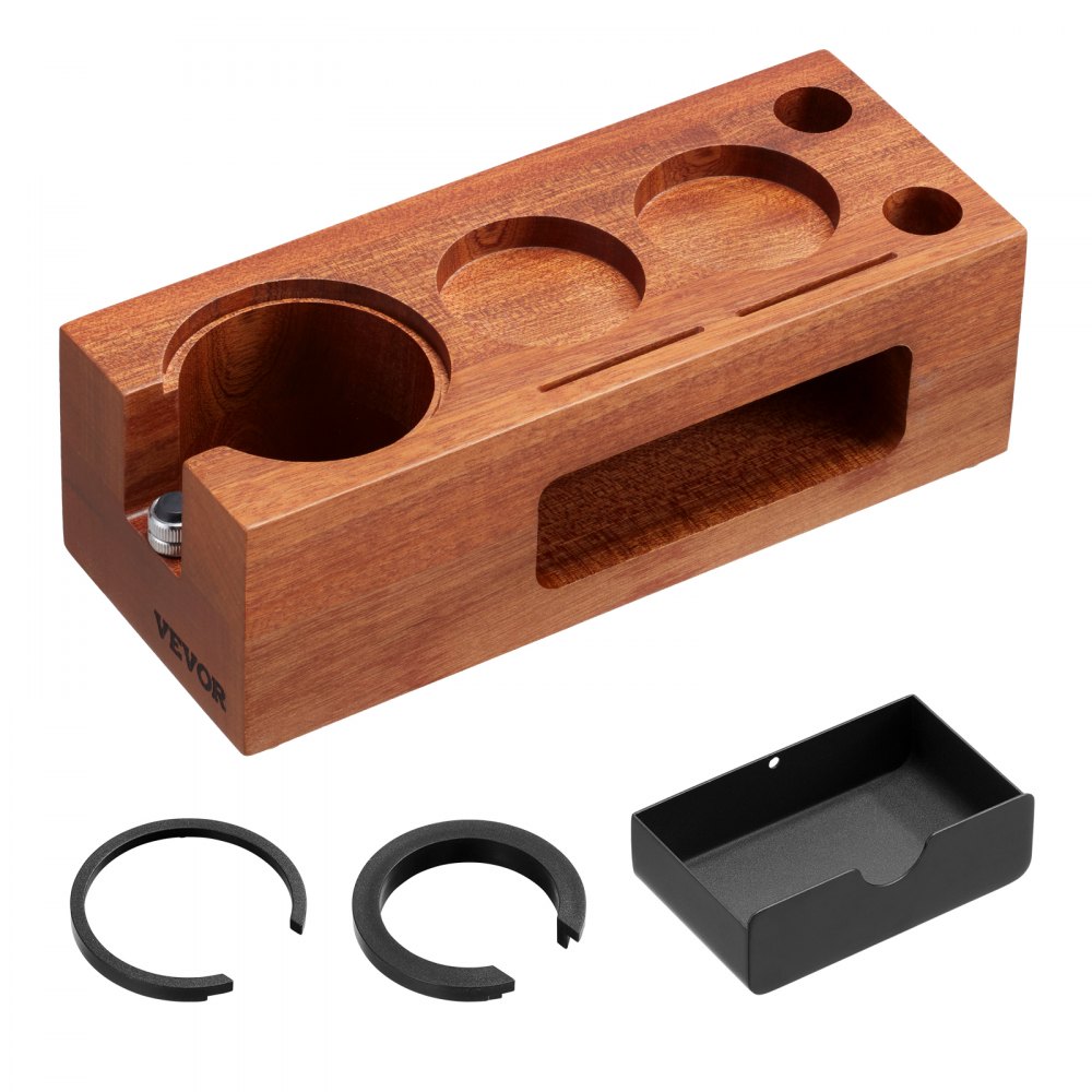 VEVOR Espresso Tamping Station, Sapele Wood, 8-in-1 Multifunctional Tamping Station with Detachable Slot, Easy to Clean Espresso Knock Box with Non-Slip Base, Fits for 51-58 mm Handles