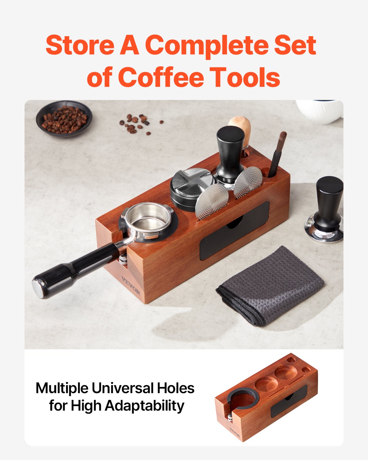VEVOR Espresso Tamping Station, Sapele Wood, 8-in-1 Multifunctional Tamping Station with Detachable Slot, Easy to Clean Espresso Knock Box with Non-Slip Base, Fits for 51-58 mm Handles