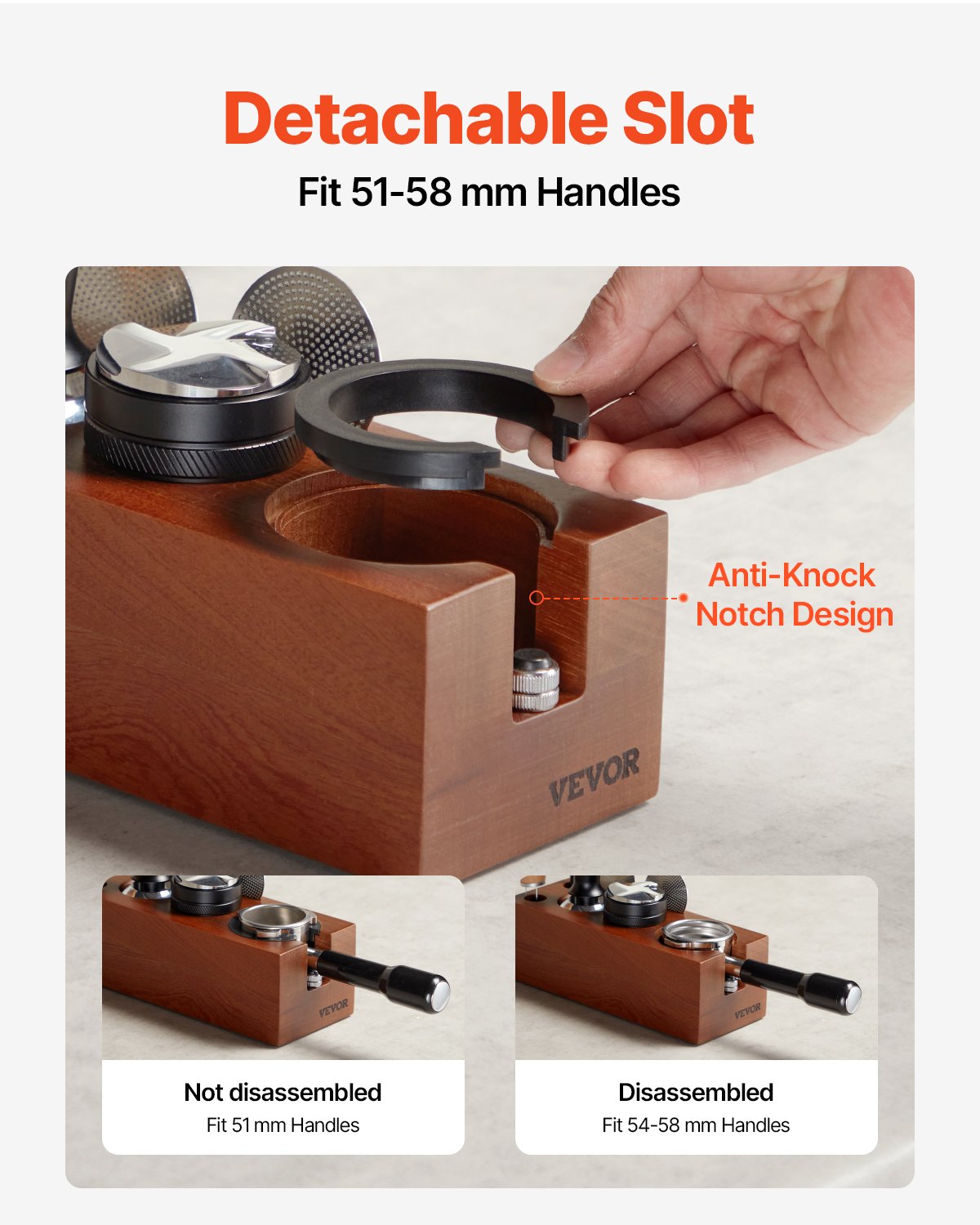 VEVOR Espresso Tamping Station, Sapele Wood, 8-in-1 Multifunctional Tamping Station with Detachable Slot, Easy to Clean Espresso Knock Box with Non-Slip Base, Fits for 51-58 mm Handles