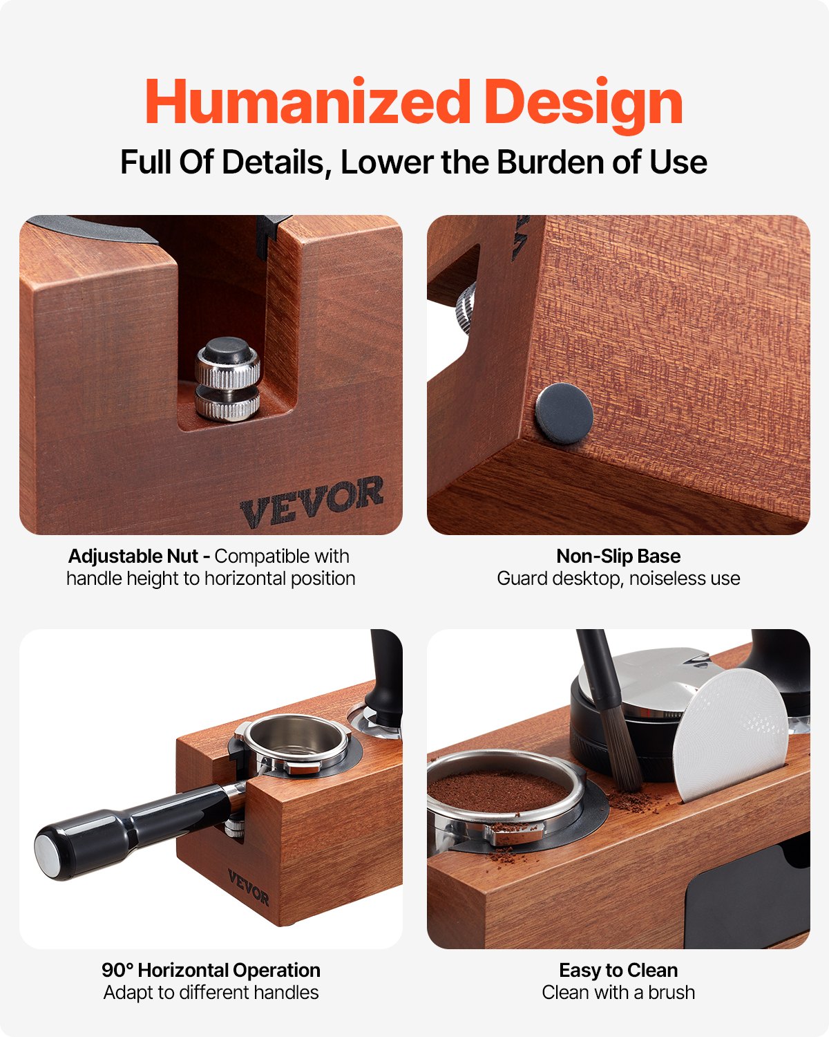 VEVOR Espresso Tamping Station, Sapele Wood, 8-in-1 Multifunctional Tamping Station with Detachable Slot, Easy to Clean Espresso Knock Box with Non-Slip Base, Fits for 51-58 mm Handles