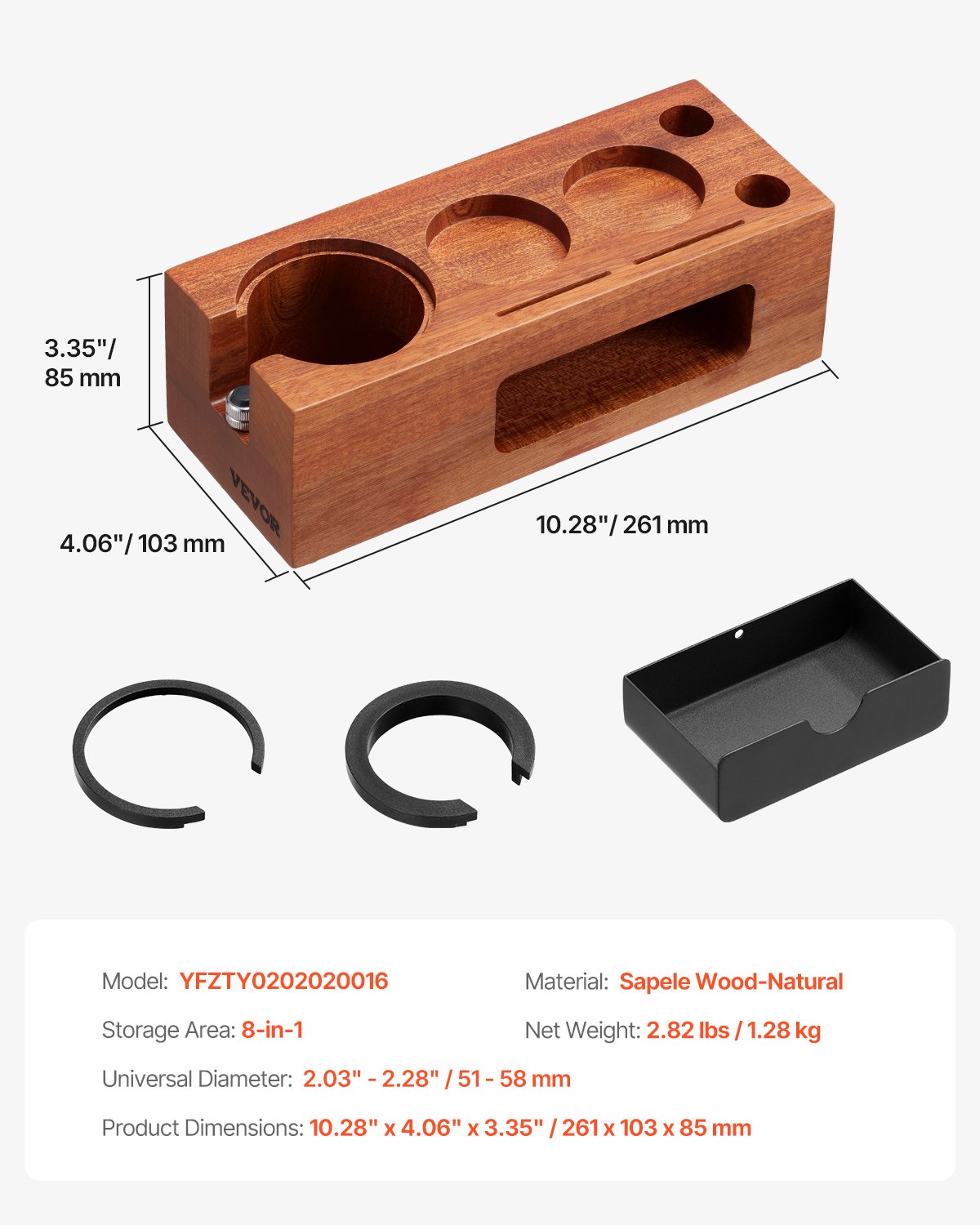 VEVOR Espresso Tamping Station, Sapele Wood, 8-in-1 Multifunctional Tamping Station with Detachable Slot, Easy to Clean Espresso Knock Box with Non-Slip Base, Fits for 51-58 mm Handles