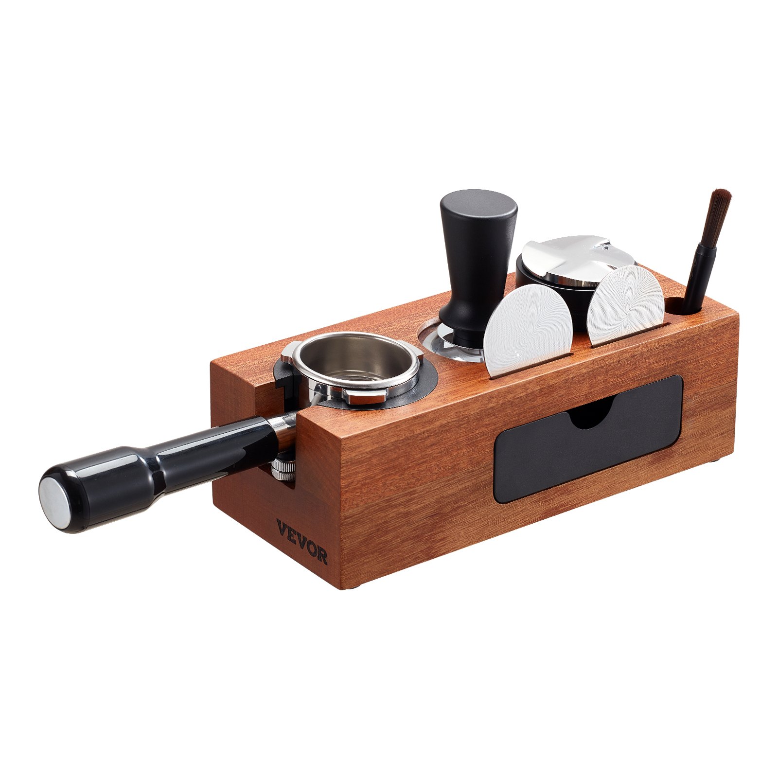 VEVOR Espresso Tamping Station, Sapele Wood, 8-in-1 Multifunctional Tamping Station with Detachable Slot, Easy to Clean Espresso Knock Box with Non-Slip Base, Fits for 51-58 mm Handles