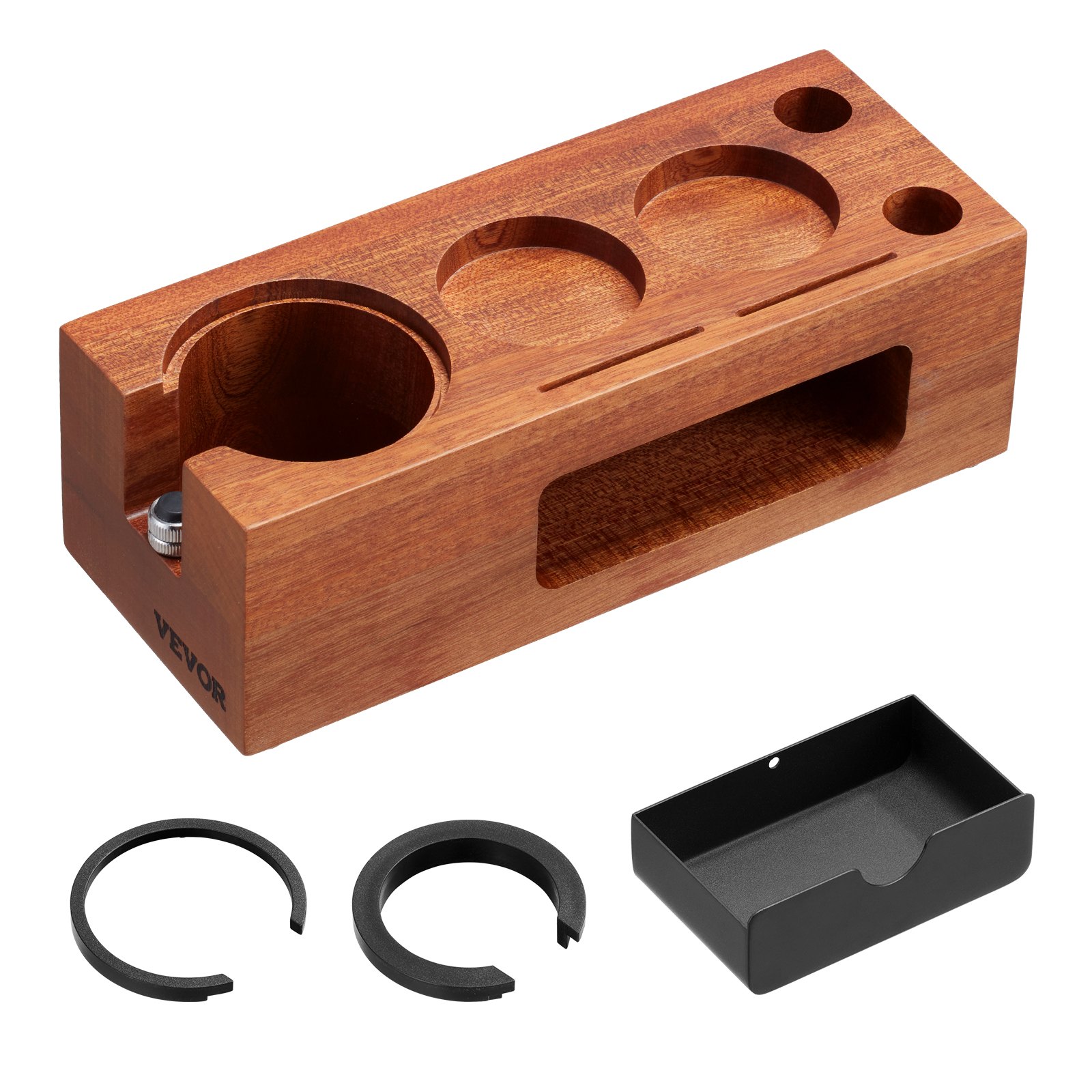 VEVOR Espresso Tamping Station, Sapele Wood, 8-in-1 Multifunctional Tamping Station with Detachable Slot, Easy to Clean Espresso Knock Box with Non-Slip Base, Fits for 51-58 mm Handles