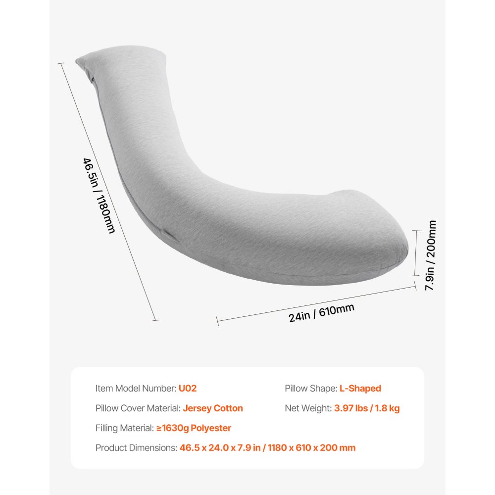 VEVOR Pregnancy Pillows, L-Shaped Maternity Pillow for Pregnant Women, Soft & Breathable Pregnancy Body Pillow with Washable Jersey Cover for Head Neck Belly Leg Support, Light Gray