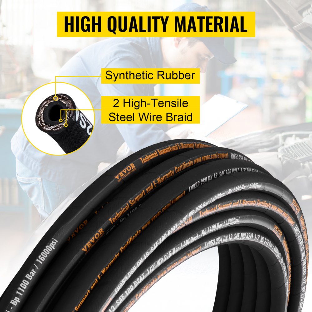 VEVOR Hydraulic Hose 1/2 inch x 100 ft, Coiled Hydraulic Hose 4000 PSI, Rubber Hydraulic Hose with 2 High-Tensile Steel Wire Braid, Bulk Hydraulic Hose -20℃ to 140℃, Hydraulic Oil Flexible Hose