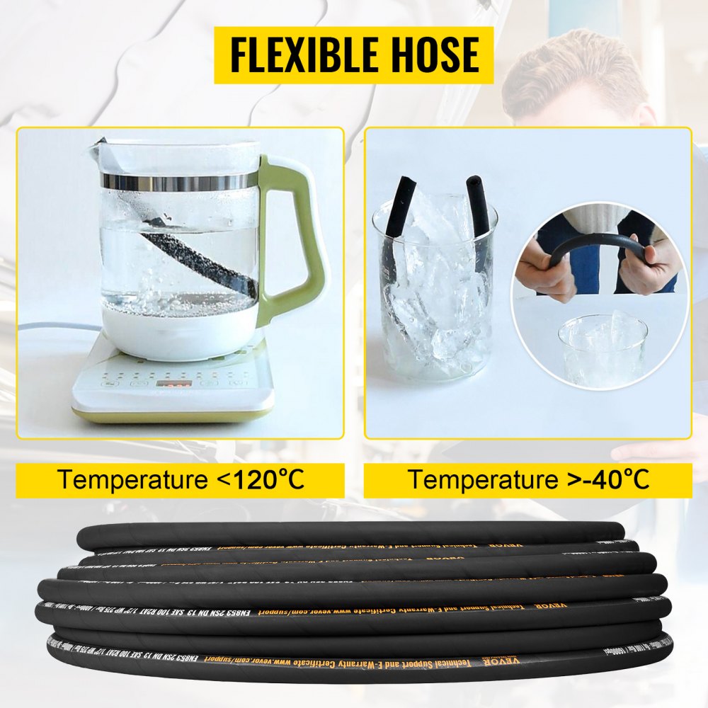 VEVOR Hydraulic Hose 1/2 inch x 100 ft, Coiled Hydraulic Hose 4000 PSI, Rubber Hydraulic Hose with 2 High-Tensile Steel Wire Braid, Bulk Hydraulic Hose -20℃ to 140℃, Hydraulic Oil Flexible Hose