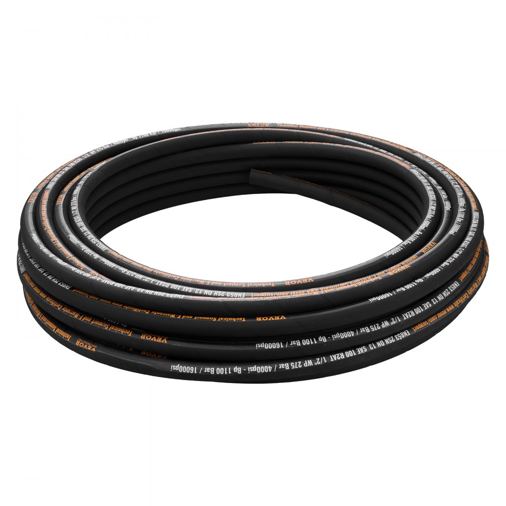 VEVOR Hydraulic Hose 1/2 inch x 100 ft, Coiled Hydraulic Hose 4000 PSI, Rubber Hydraulic Hose with 2 High-Tensile Steel Wire Braid, Bulk Hydraulic Hose -20℃ to 140℃, Hydraulic Oil Flexible Hose