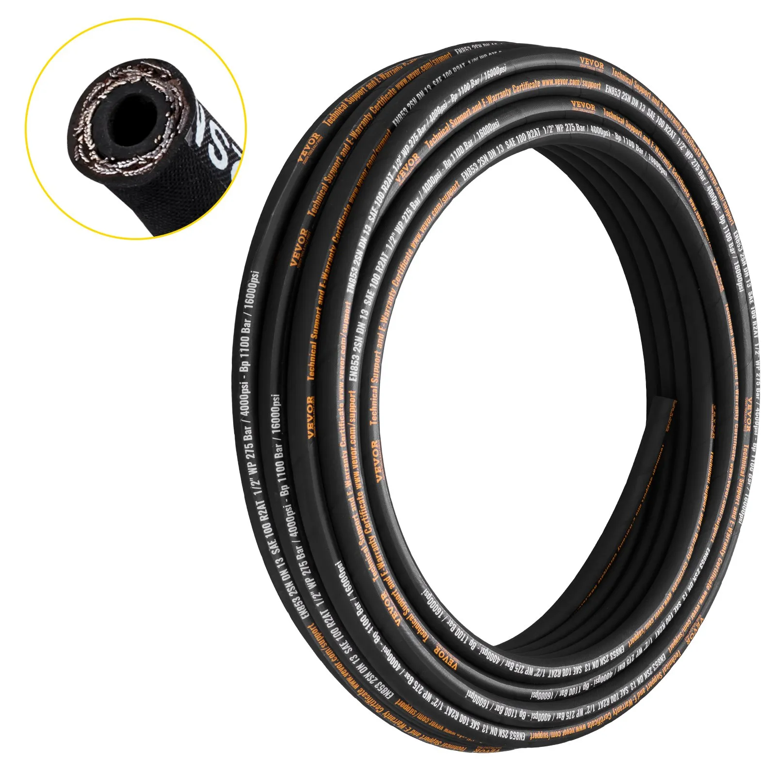 VEVOR Hydraulic Hose 1/2 inch x 100 ft, Coiled Hydraulic Hose 4000 PSI, Rubber Hydraulic Hose with 2 High-Tensile Steel Wire Braid, Bulk Hydraulic Hose -20℃ to 140℃, Hydraulic Oil Flexible Hose