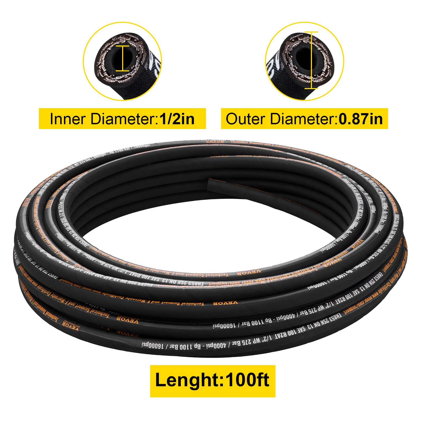 VEVOR Hydraulic Hose 1/2 inch x 100 ft, Coiled Hydraulic Hose 4000 PSI, Rubber Hydraulic Hose with 2 High-Tensile Steel Wire Braid, Bulk Hydraulic Hose -20℃ to 140℃, Hydraulic Oil Flexible Hose