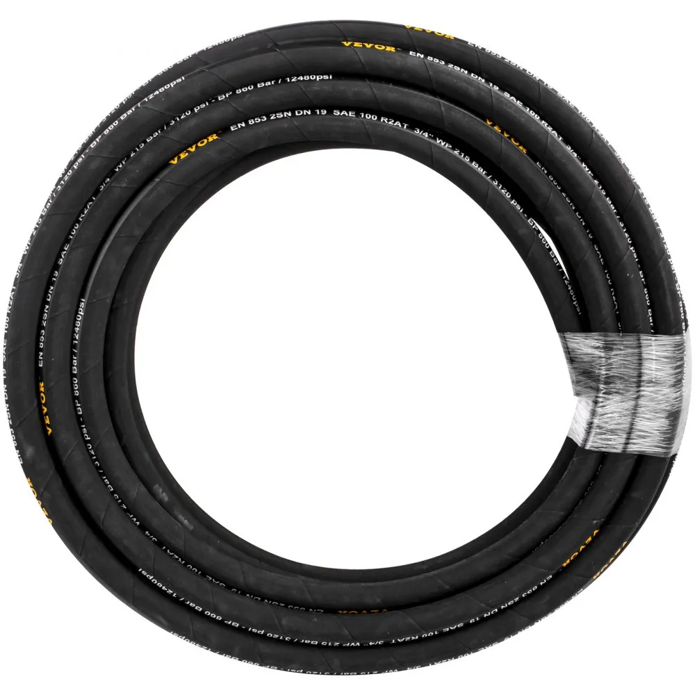 coiled black VEVOR hydraulic hose with yellow branding and white specifications text.