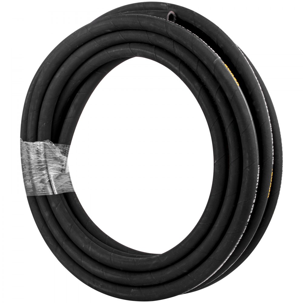 black coiled VEVOR hydraulic hose secured with tape for heavy-duty use.