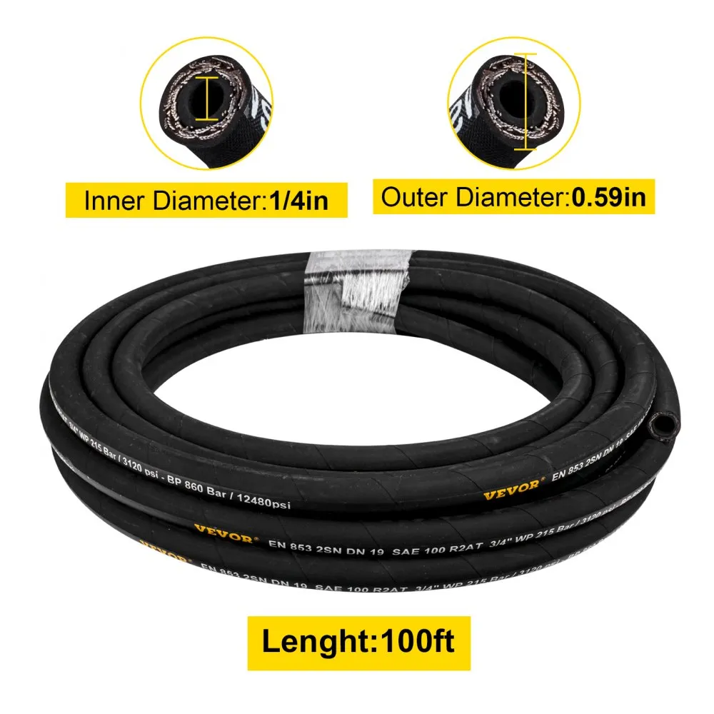 coiled black VEVOR hydraulic hose, 100ft length, 1/4in inner, 0.59in outer diameter.